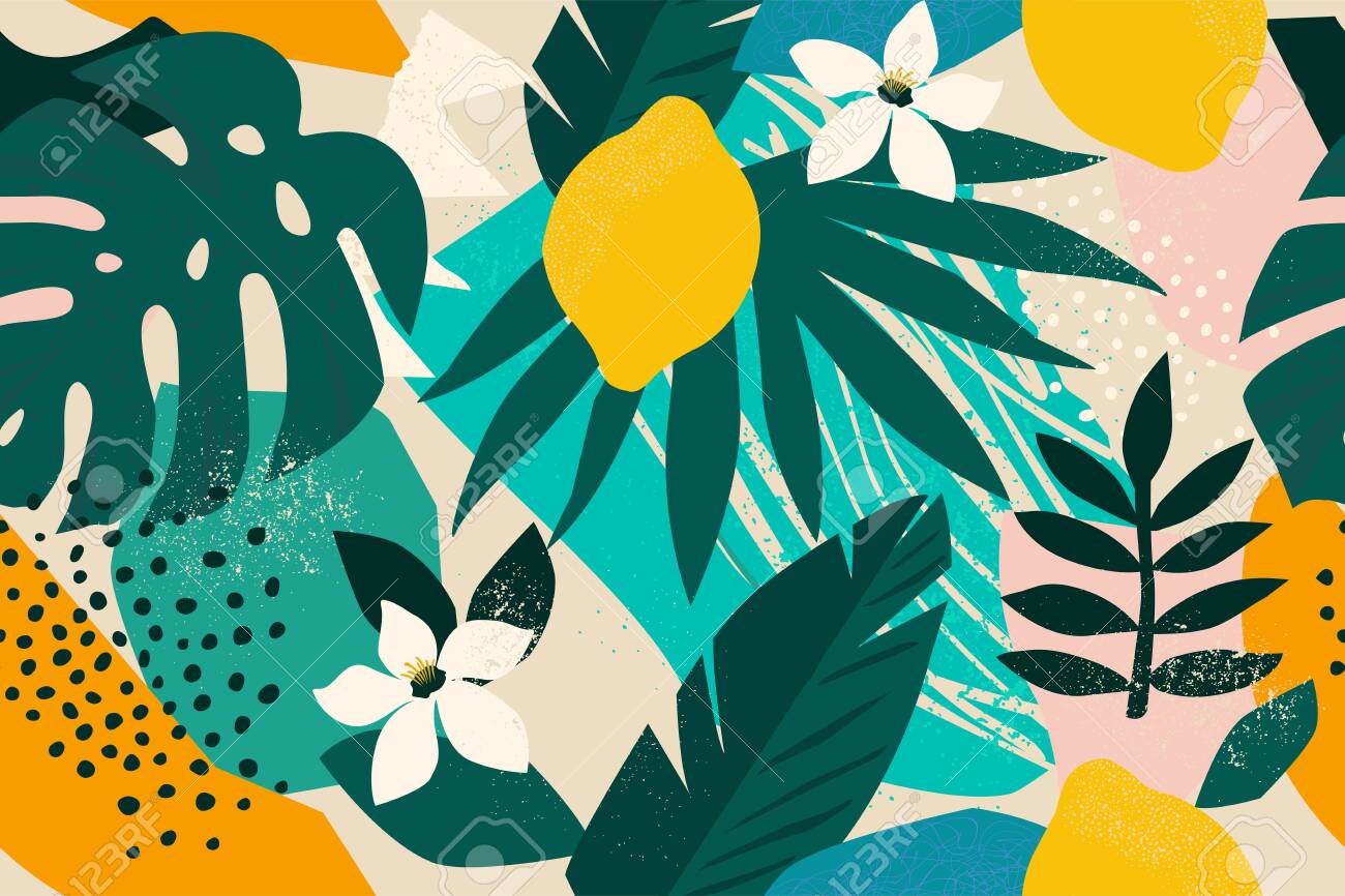 Collage contemporary floral seamless pattern. Modern exotic jungle fruits and plants illustration vector - 133672620 Collage contemporary floral seamless pattern. Modern exotic jungle fruits and plants illustration vector - 133672620