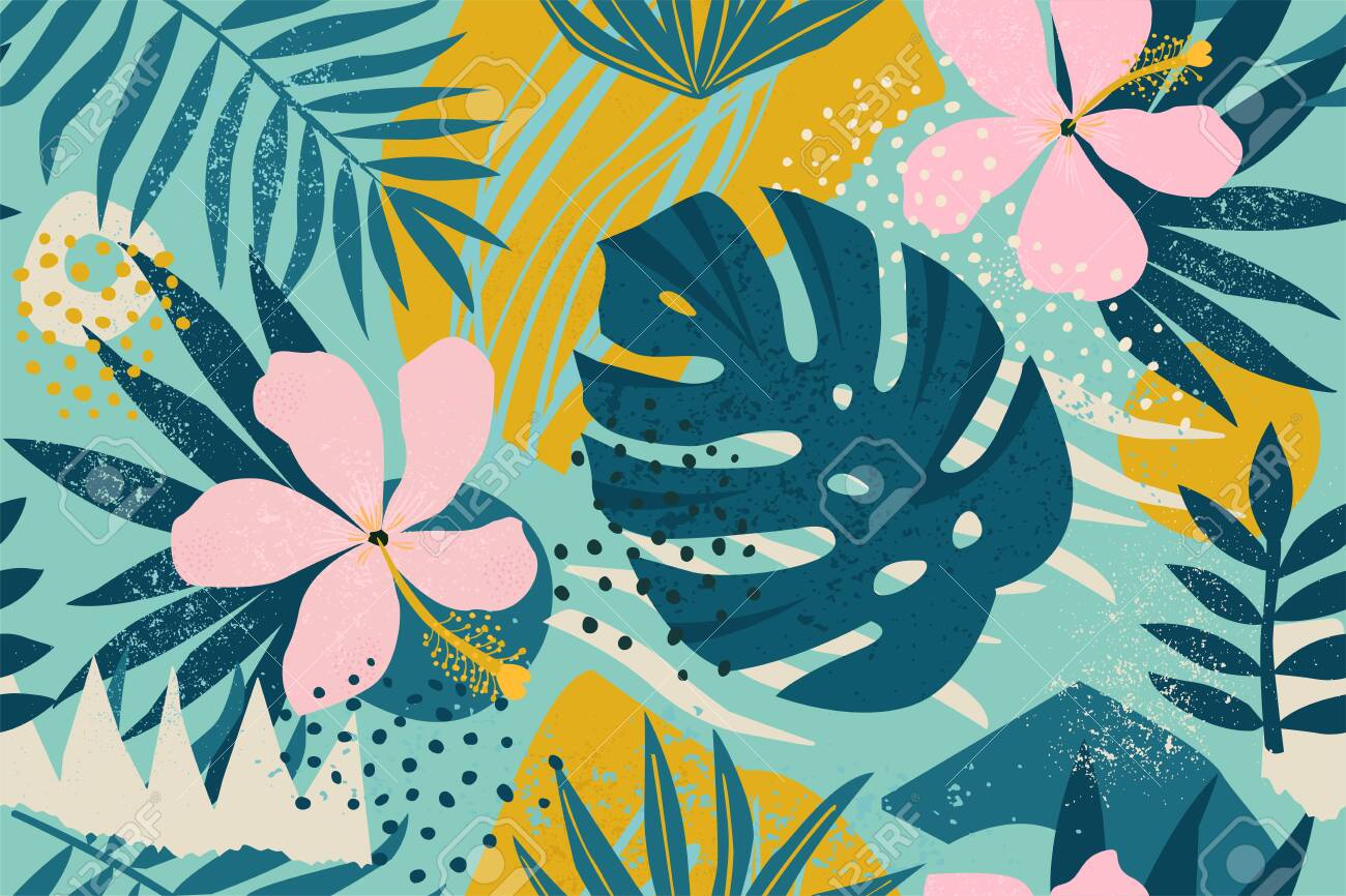 Collage contemporary floral seamless pattern. Modern exotic jungle fruits and plants illustration vector. - 133672621 Collage contemporary floral seamless pattern. Modern exotic jungle fruits and plants illustration vector. - 133672621