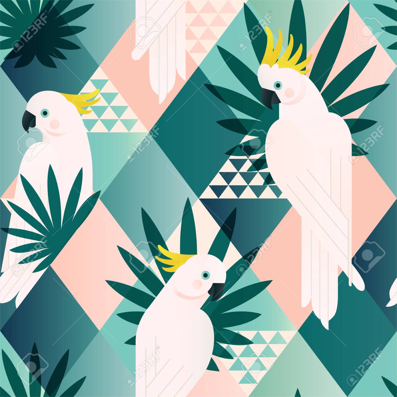 Exotic beach trendy seamless pattern, patchwork illustrated floral vector tropical leaves. Jungle cockatoo. Wallpaper print background mosaic. - 132183514 Exotic beach trendy seamless pattern, patchwork illustrated floral vector tropical leaves. Jungle cockatoo. Wallpaper print background mosaic. - 132183514