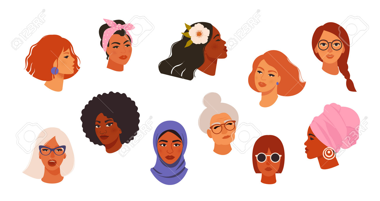 Portraits of beautiful women of different skin color, age, hairstyle, face types. Avatars of diverse fashionable female characters isolated on white background. Flat vector cartoon illustration. - 160518586 Portraits of beautiful women of different skin color, age, hairstyle, face types. Avatars of diverse fashionable female characters isolated on white background. Flat vector cartoon illustration. - 160518586