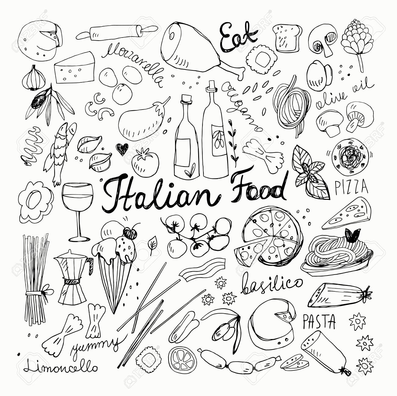 Hand drawn italian food doodles pencil drawing ink drawing stock vector 100976329