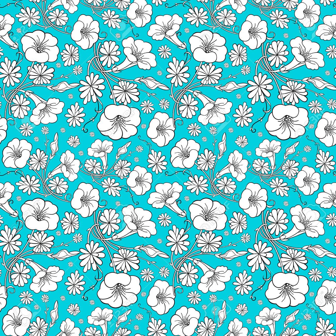 Illustration Of Seamless Floral Pattern In Black And White Colors On Blue Background Royalty Free Cliparts Vectors And Stock Illustration Image
