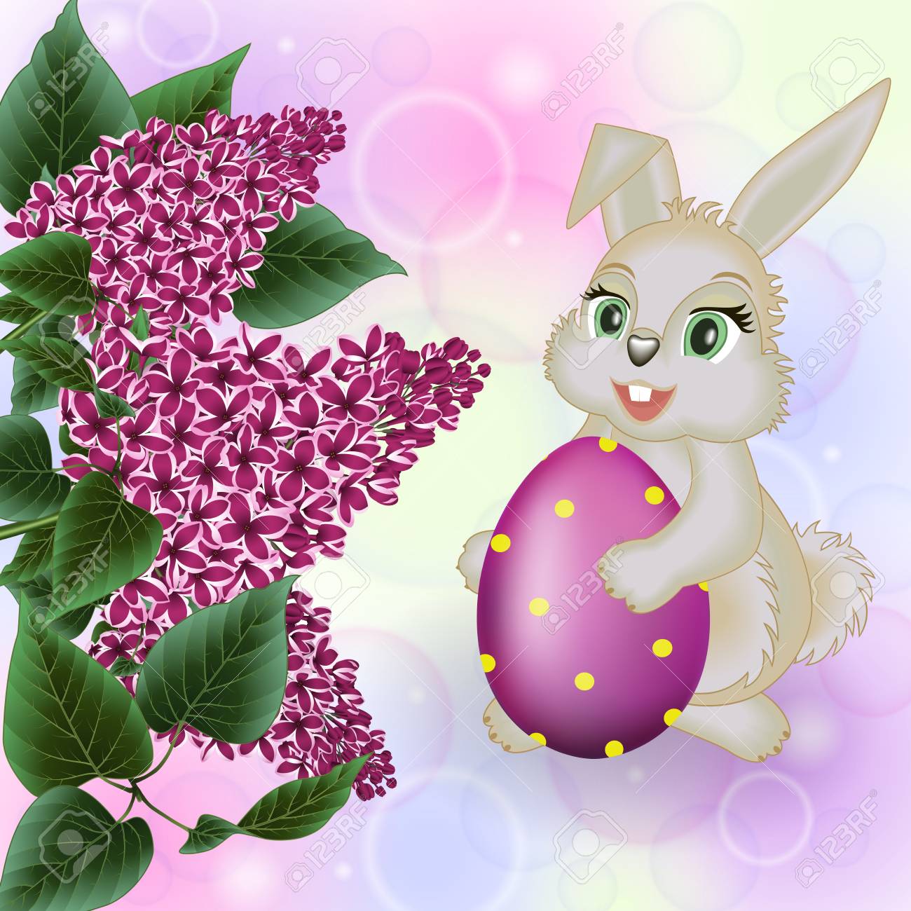 Vettoriale Illustrazione Del Modello Di Biglietto Di Auguri Di Pasqua Con Coniglietto Uova E Fiori Di Lilla Image