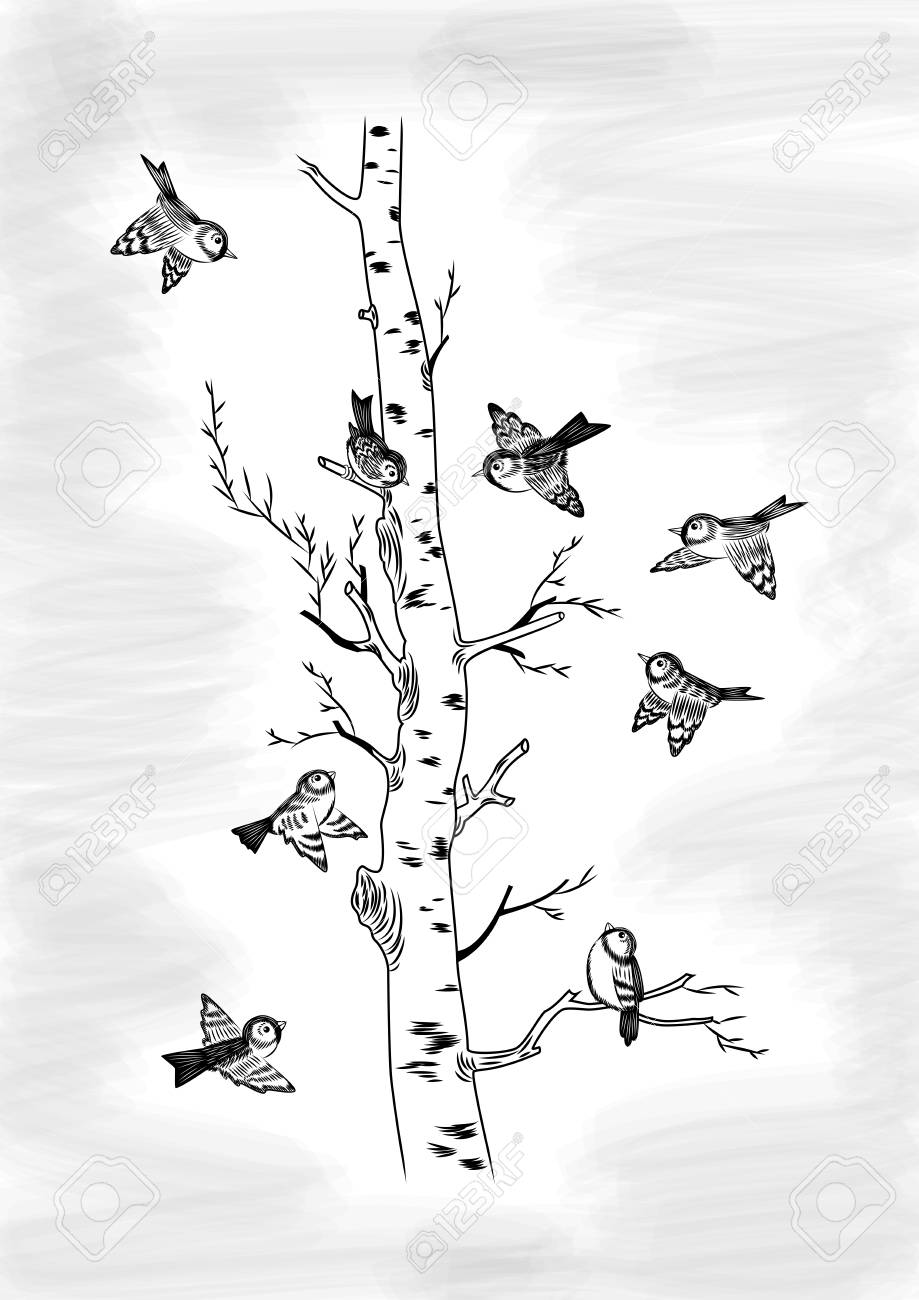Illustration Of Hand Drawn Birds And Tree Sketch Sparrows And
