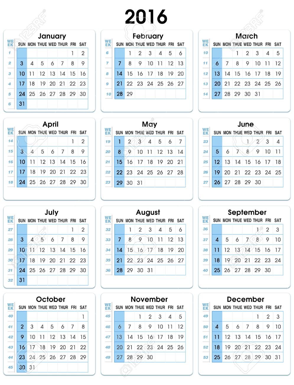 calendar vertical 2016 12 months indicating number weeks vertical