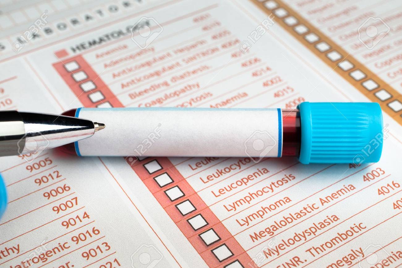 blood test tube with white tag in a request for medical tests tube of blood on a form of analysis - 48034684 blood test tube with white tag in a request for medical tests tube of blood on a form of analysis - 48034684