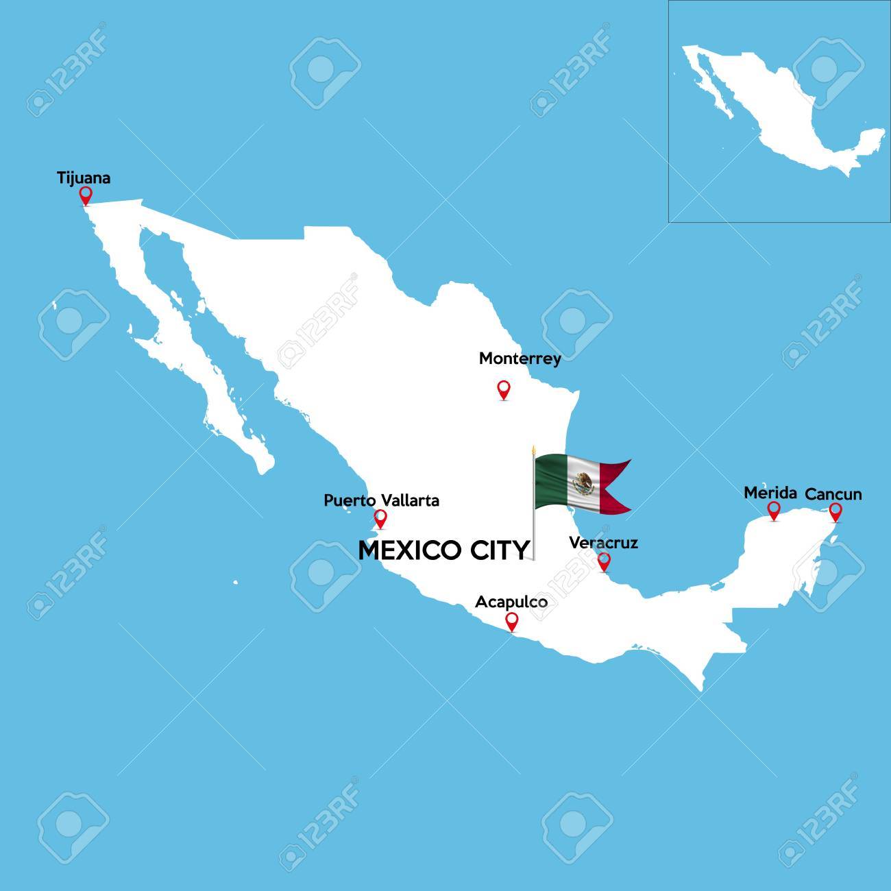 a detailed map of mexico with indexes of major cities of the country stock vector