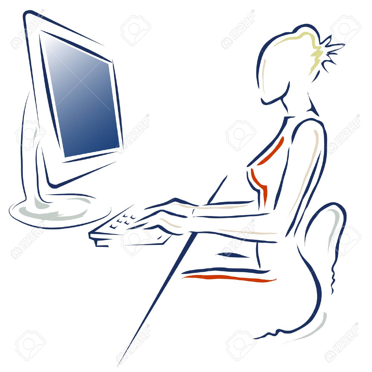 コンピューター上のデッキで働く女性のイラスト のイラスト素材