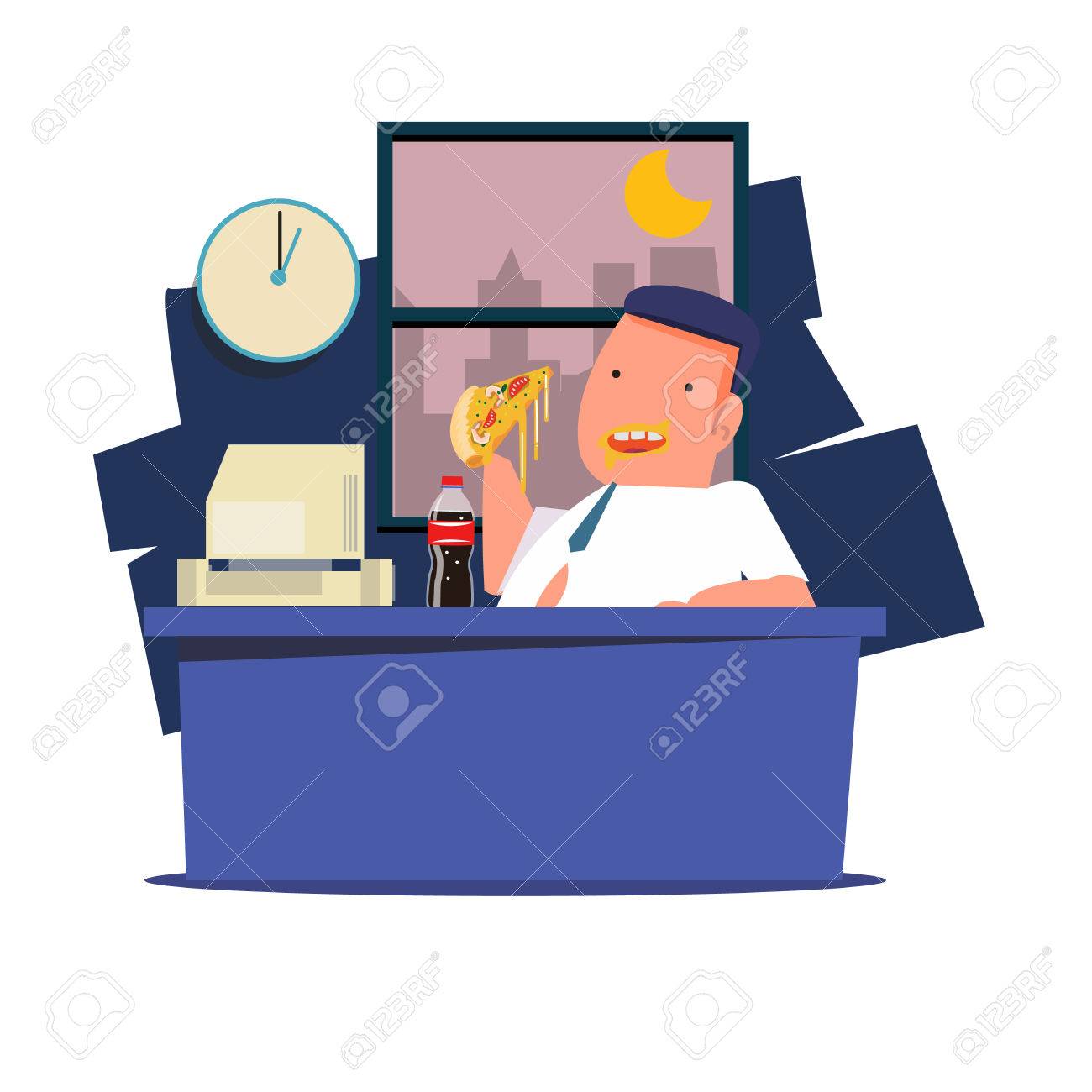 Man Eating Junk Food And Soda At Work. Working Late Night Vector - 1300x1300 - jpeg Working Late Cartoon