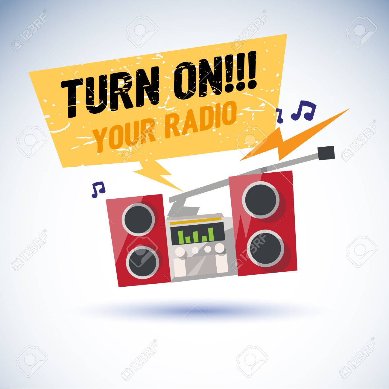 クールな音楽を演奏 ビートでジャンプのラジオ 音声バブル テキスト あなたのラジオをオン に置換のテキスト ロック スタイルのベクトル図のイラスト素材 ベクタ Image