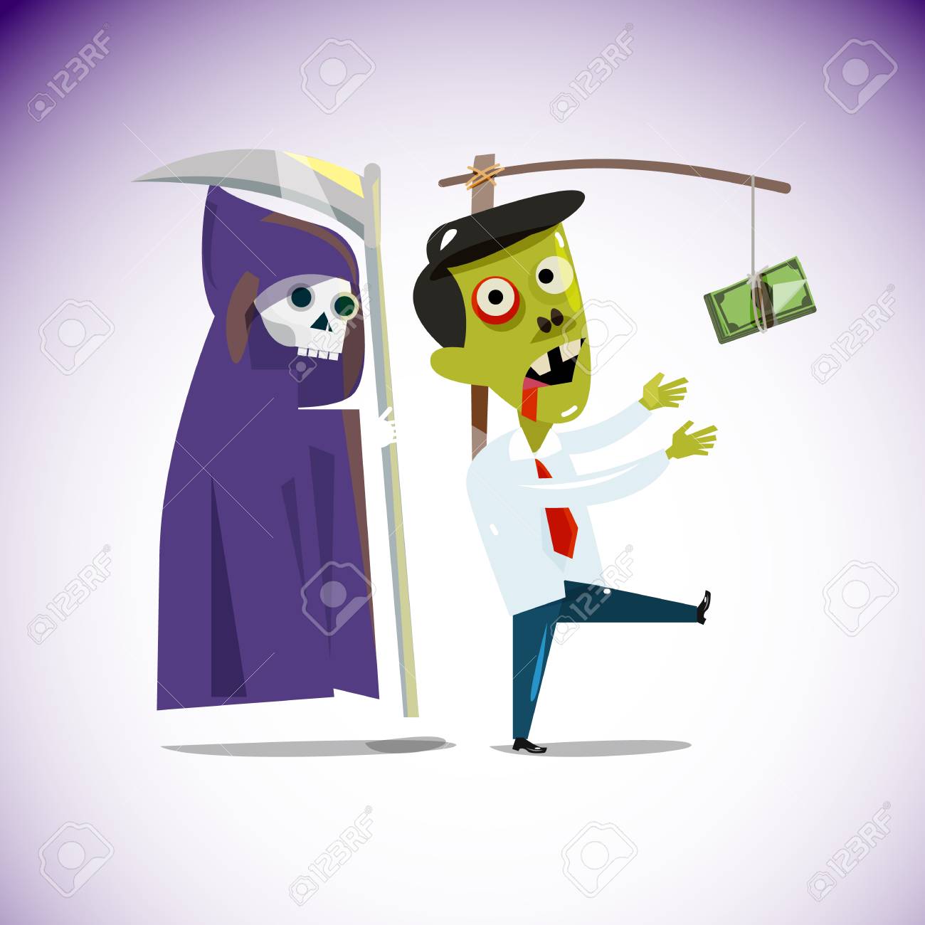 後ろに死神と棒から掛かるお金を追いかけるゾンビ実業家 お金と金型に到達しようとしました お金と不健康なコンセプト ベクトル図のために一生懸命働く の イラスト素材 ベクタ Image