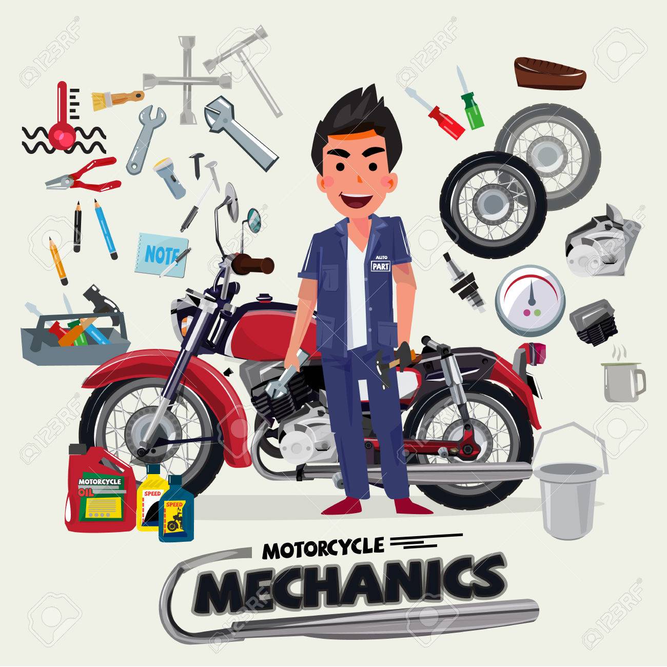 motorcycle mechanics with tool kit character design vector motorcycle mechanics