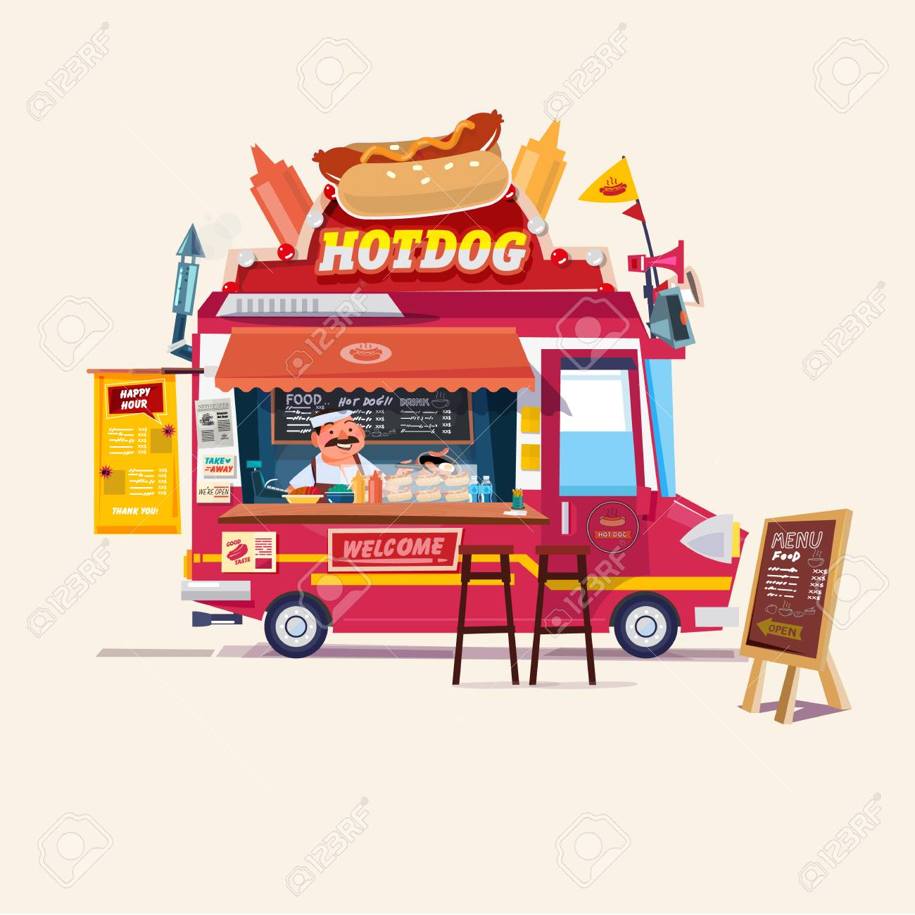 ホットドッグ フード トラックですか 商人キャラクター デザイン ベクトル イラスト通りのフード トラック コンセプト のイラスト素材 ベクタ Image