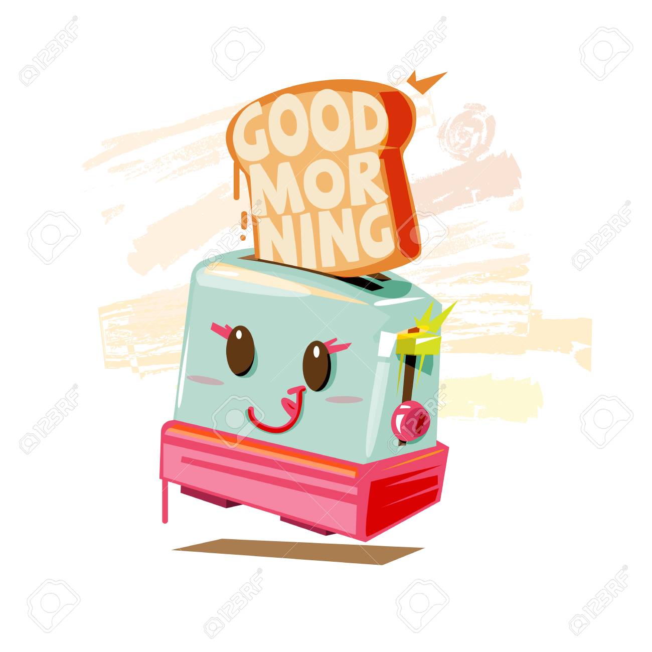 トーストしたパンの中のかわいいキャラクター トースターと おはよう のテキスト のイラスト素材 ベクタ Image