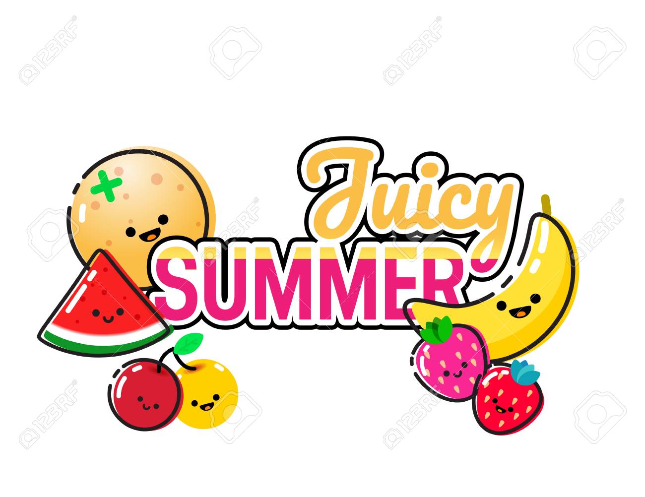 手描きかわいい果物や白い背景のレタリング ジューシーな夏のイラスト のイラスト素材 ベクタ Image