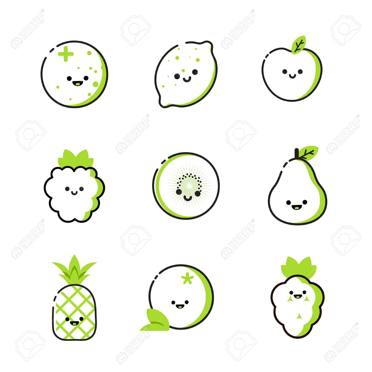 collection of icons with two tone fruits with smiles royalty free two tone icons