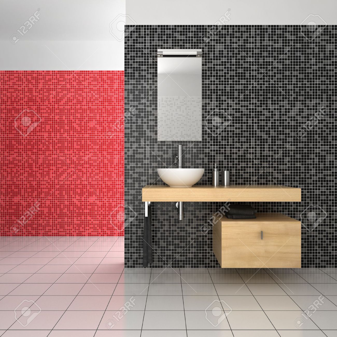 Moderno Cuarto De Baño Con Azulejos De Color Negro, Rojo Y Blanco ... Moderno Cuarto De Baño Con Azulejos De Color Negro, Rojo Y Blanco ...
