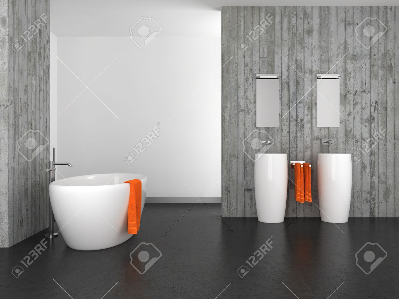 Moderno bagno con doppio lavabo a muro di cemento e pavimento ... Pavimento moderno
