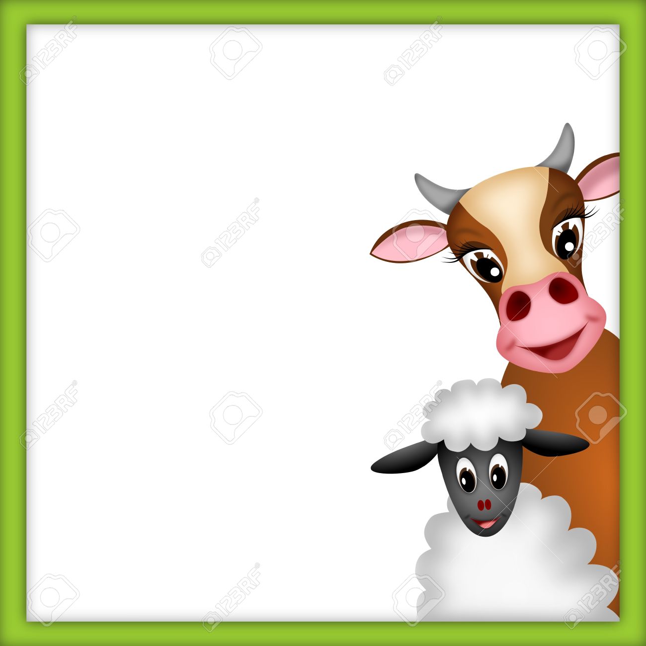 かわいい茶色の牛と緑の枠線 イラストと空のフレームの白い羊 の写真素材 画像素材 Image