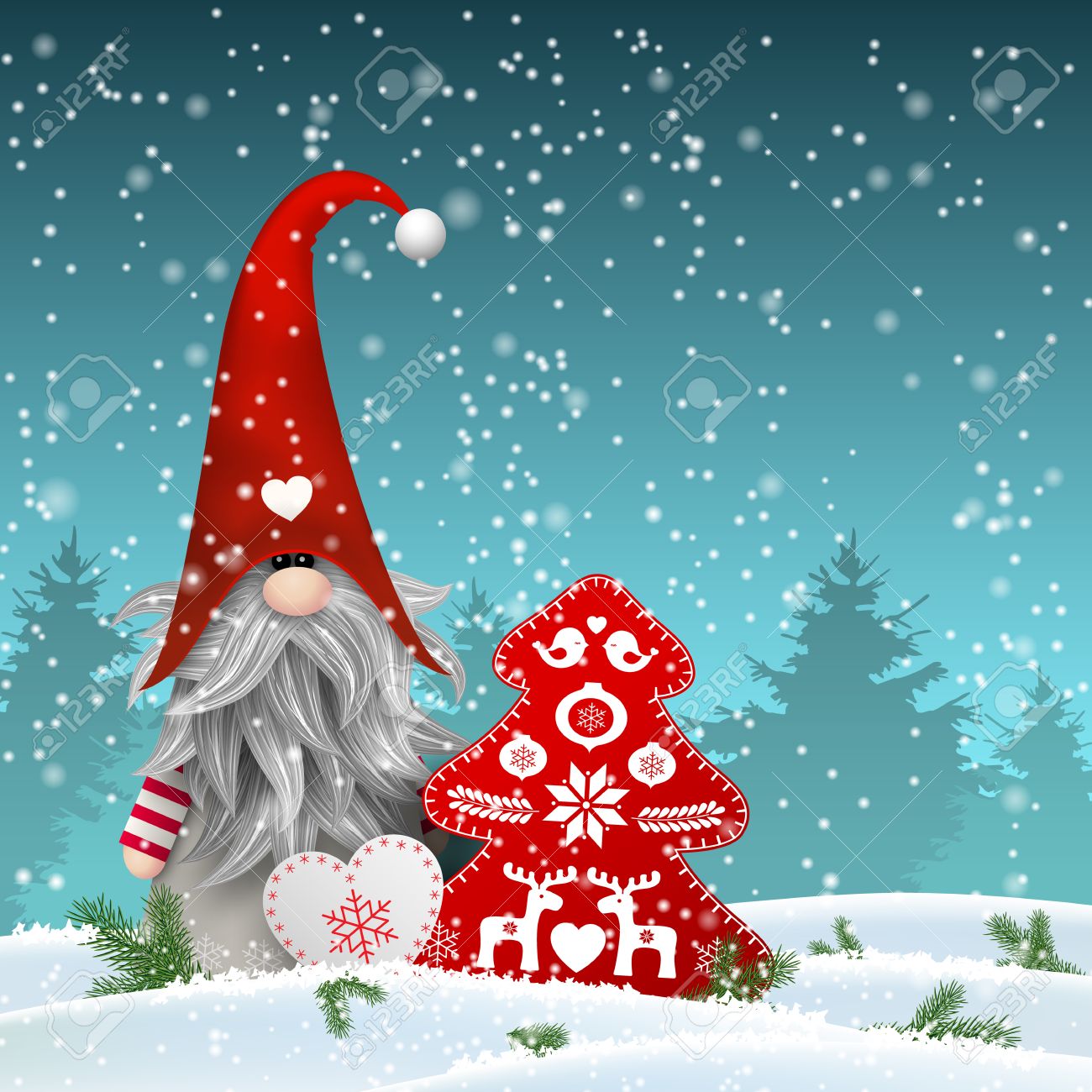 ノルウェー デンマーク スウェーデンの Tomtar やフィンランド スカンジナビアの民間伝承のエルフは 北欧のクリスマス動機トムテで Tonttu で Nisser 冬の前に立って飾られた心とツリー 雪の風景にフォレスト ベクトル イラスト のイラスト素材 ベクタ Image