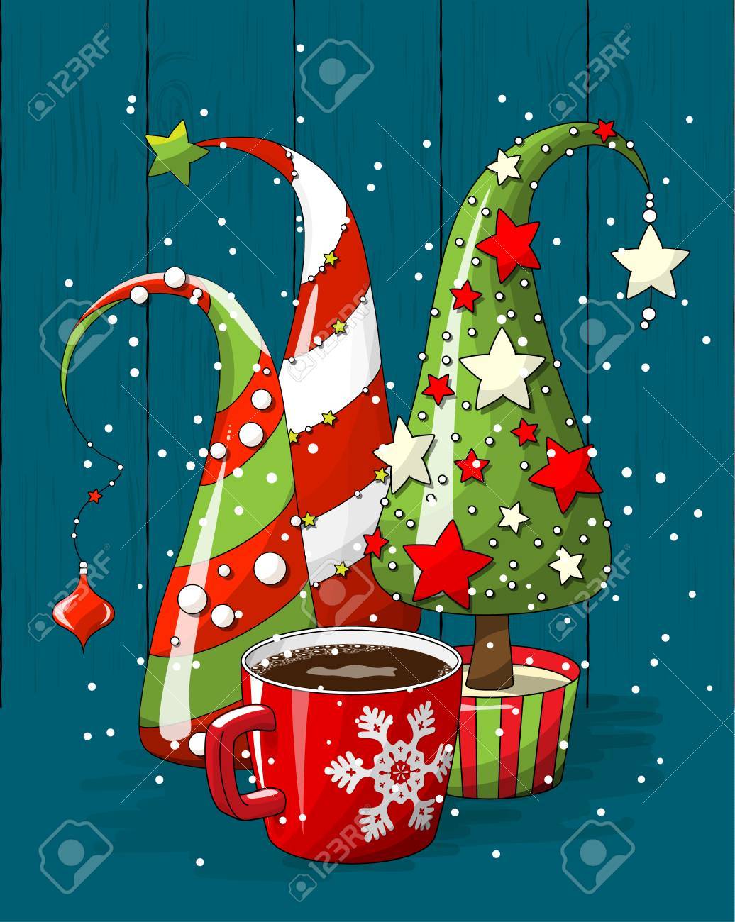 group of abstract christmas trees and coffee cup, holiday motive, illustration - 89436090