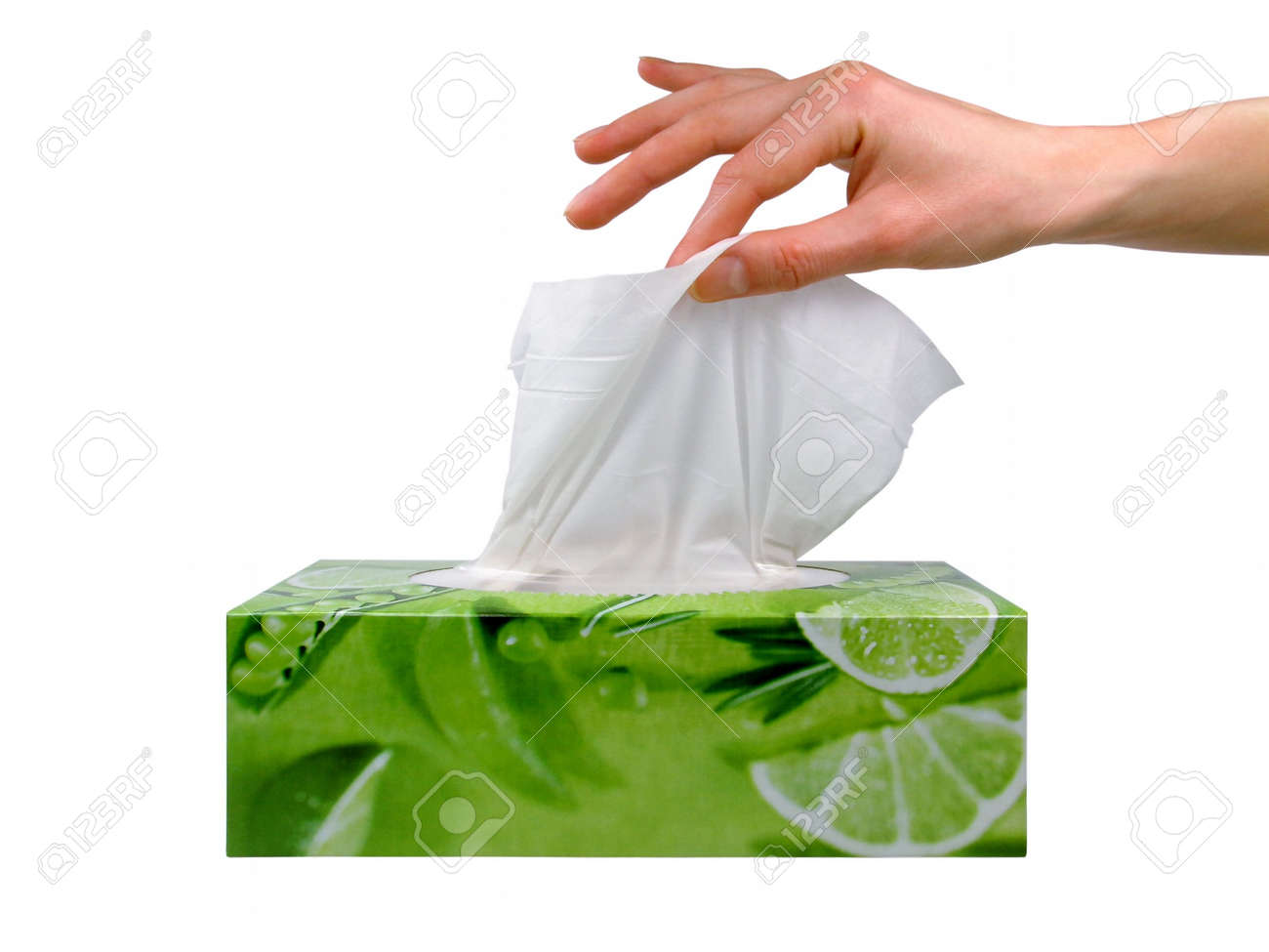 delicate woman s hand pulls a tissue from a green tissue box stock