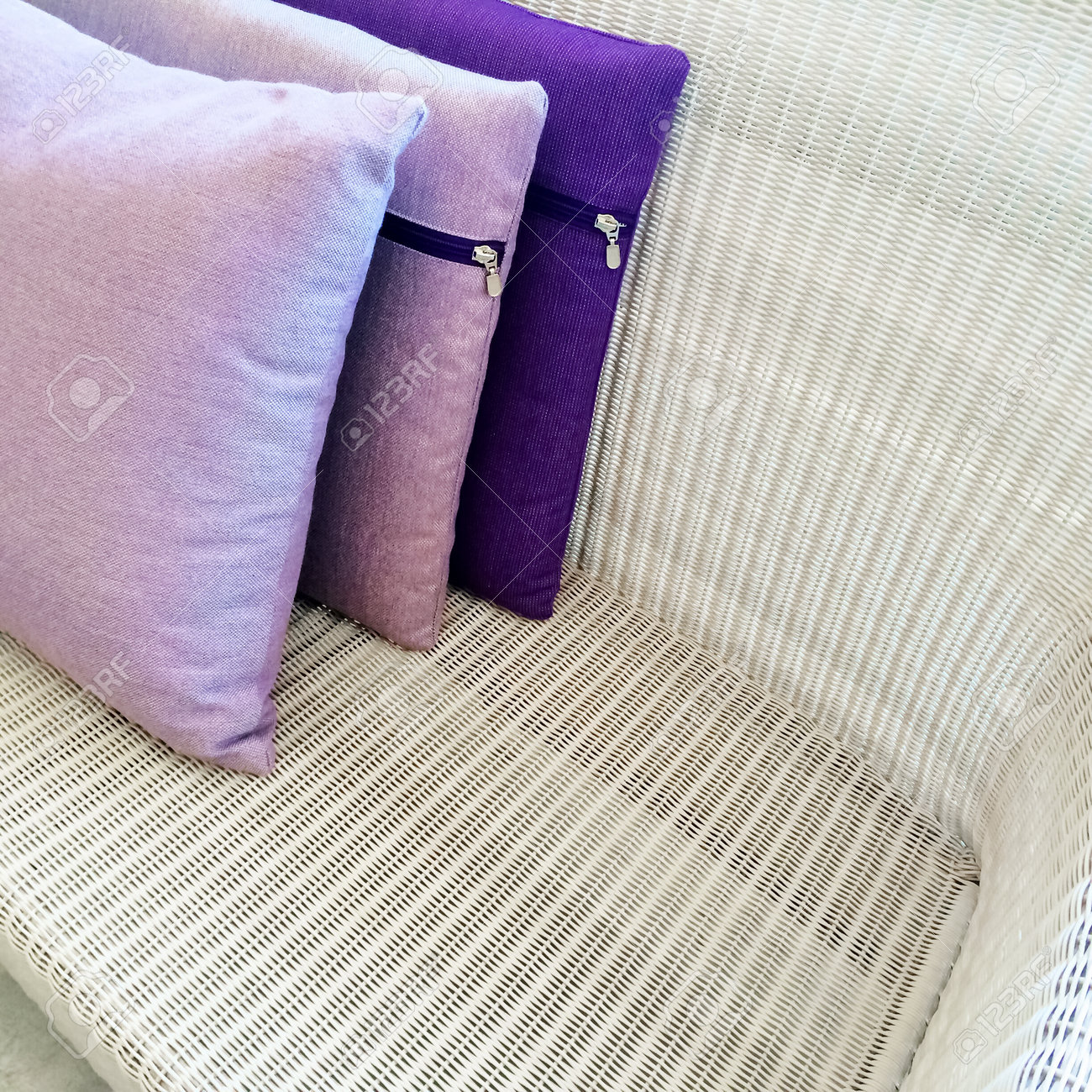 Stylish Purple Cushions Decorating Rattan Sofa Outdoor Furniture Stock Photo Picture And Royalty Free Image Image 34502205