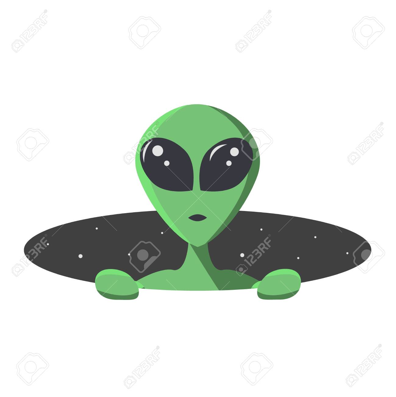 Green alien climbs out from the hole of space with stars. Extraterrestrial in flat cartoon style for t-shirt, print or textile. Vector illustration. - 130597983 Green alien climbs out from the hole of space with stars. Extraterrestrial in flat cartoon style for t-shirt, print or textile. Vector illustration. - 130597983