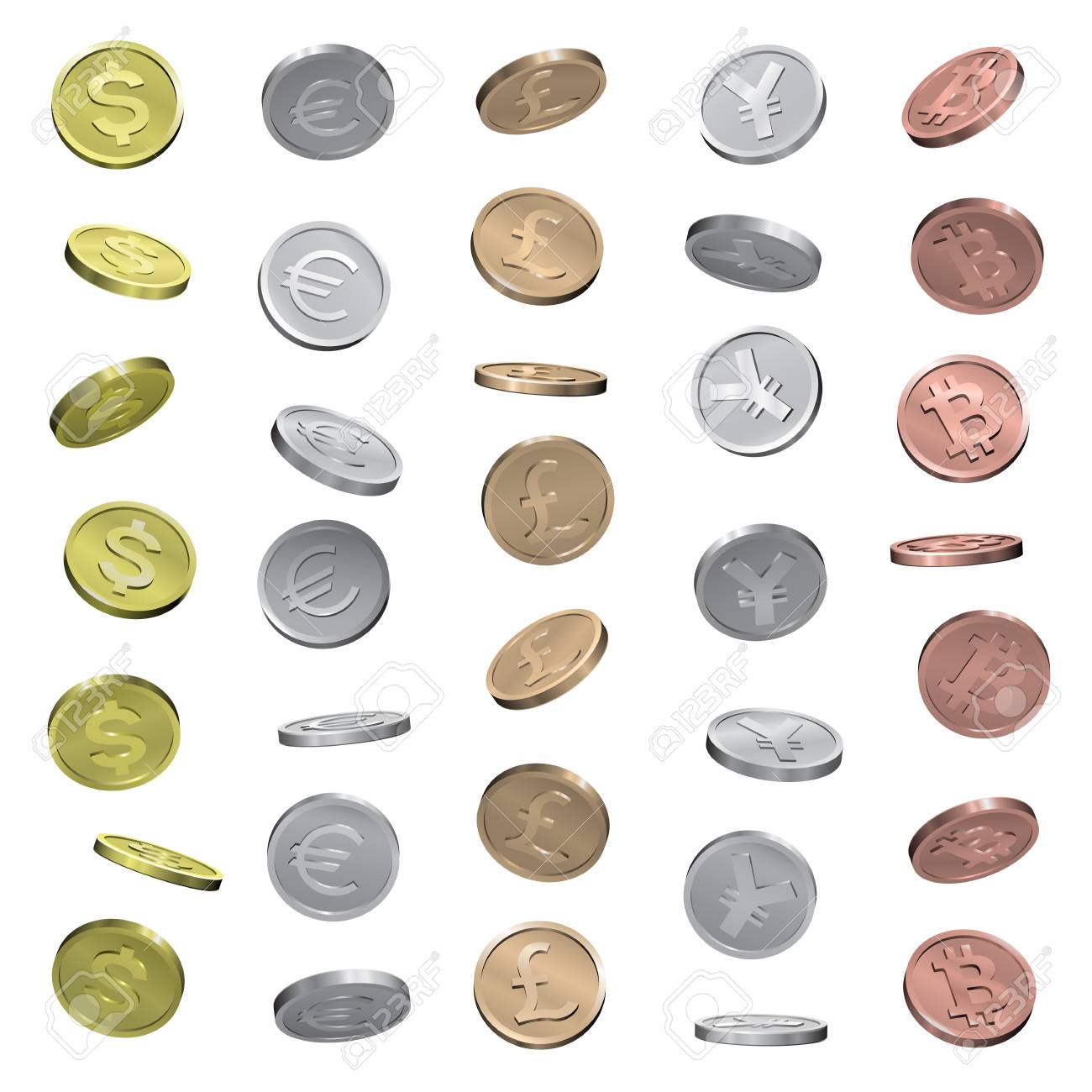 Divers Point De Vue Des Pièces De Monnaie. Dollar, Euro, Livre, Yen Et  Bitcoin En Perspective. Isolé. Clip Art Libres De Droits, Svg, Vecteurs Et  Illustration. Image 122855870