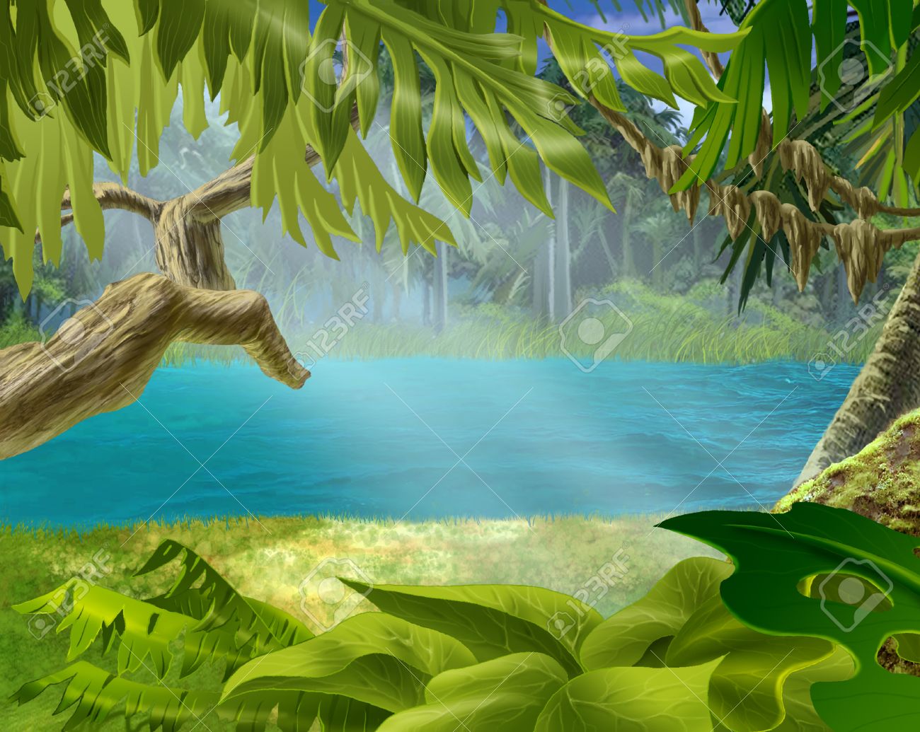 Bosque Tropical. Digital De La Pintura, La Ilustración En Estilo De Dibujos  Animados Realista Fotos, Retratos, Imágenes Y Fotografía De Archivo Libres  De Derecho. Image 58870340.