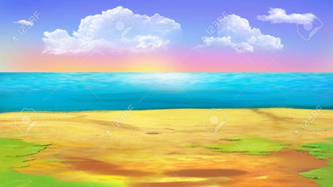 shore of the ocean coast of tropical island digital painting
