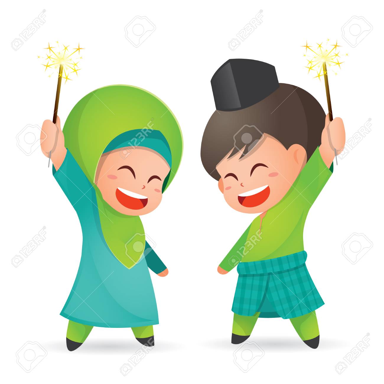 Selamat Hari Raya Aidilfitri vector illustration. Cute muslim kids having fun with sparklers - 102618267 Selamat Hari Raya Aidilfitri vector illustration. Cute muslim kids having fun with sparklers - 102618267