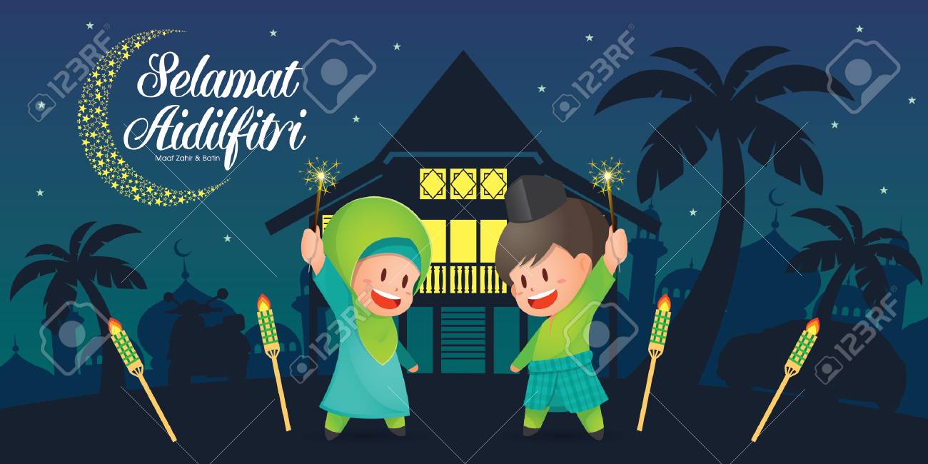 Selamat Hari Raya Aidilfitri vector illustration with cute muslim kids having fun with sparklers and traditional malay village house / Kampung and mosque. Caption: Fasting Day of Celebration - 102577062 Selamat Hari Raya Aidilfitri vector illustration with cute muslim kids having fun with sparklers and traditional malay village house / Kampung and mosque. Caption: Fasting Day of Celebration - 102577062