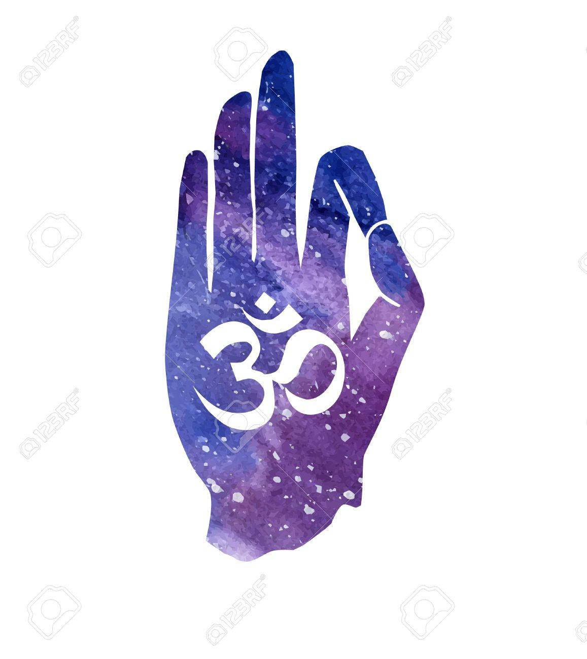 ヒンドゥー教やあごムードラ Jnana のポーズで手でベクター グラフィック署名オブジェクト モデルオウム真理教の宗教的なシンボルと空間のテクスチャーと明るい水彩テクスチャ背景 タイポグラフィ ポスターとカード デザイン のイラスト素材 ベクタ Image