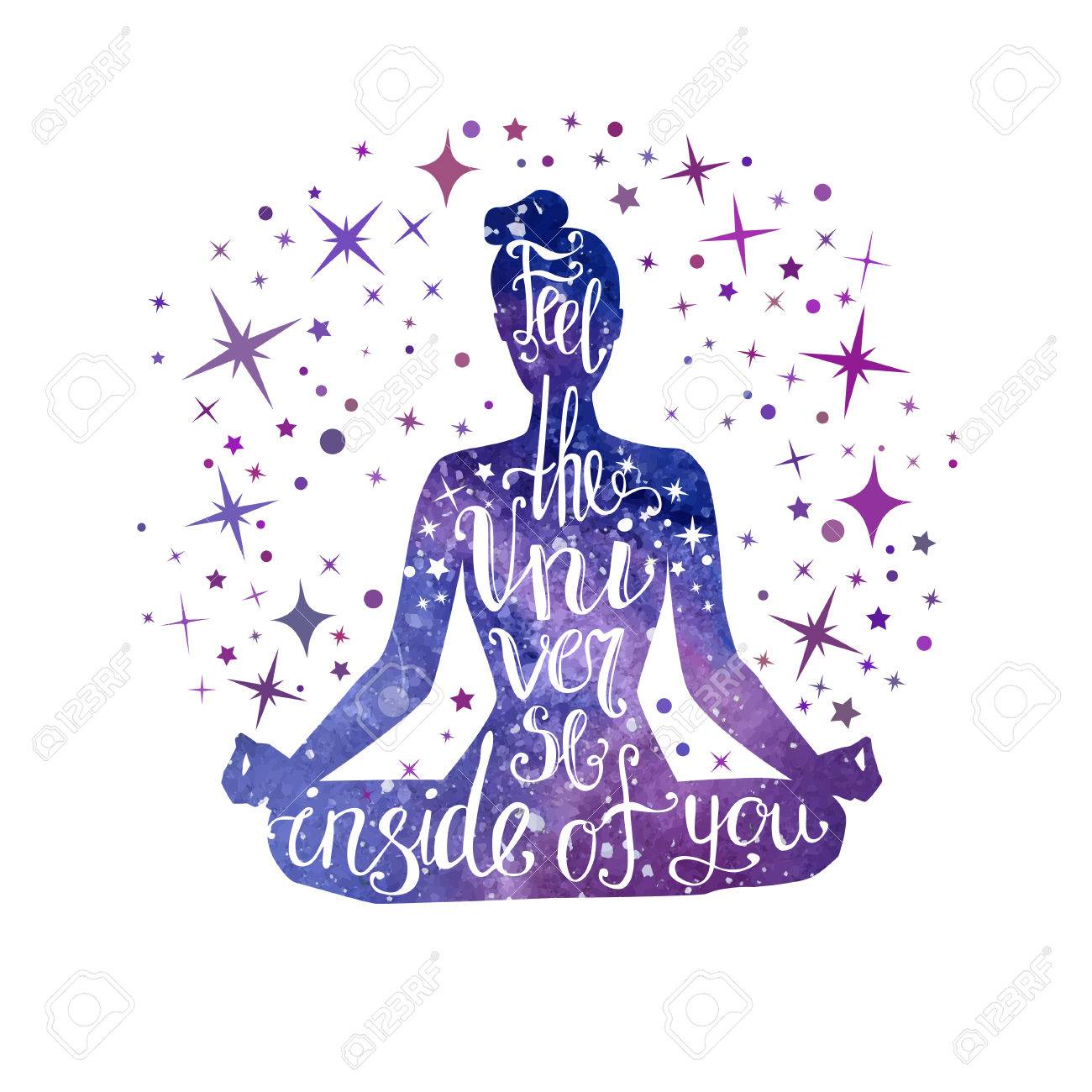 Feel the Universe inside of you. Vector illustration with meditating woman and hand written phrase. - 86387425 Feel the Universe inside of you. Vector illustration with meditating woman and hand written phrase. - 86387425
