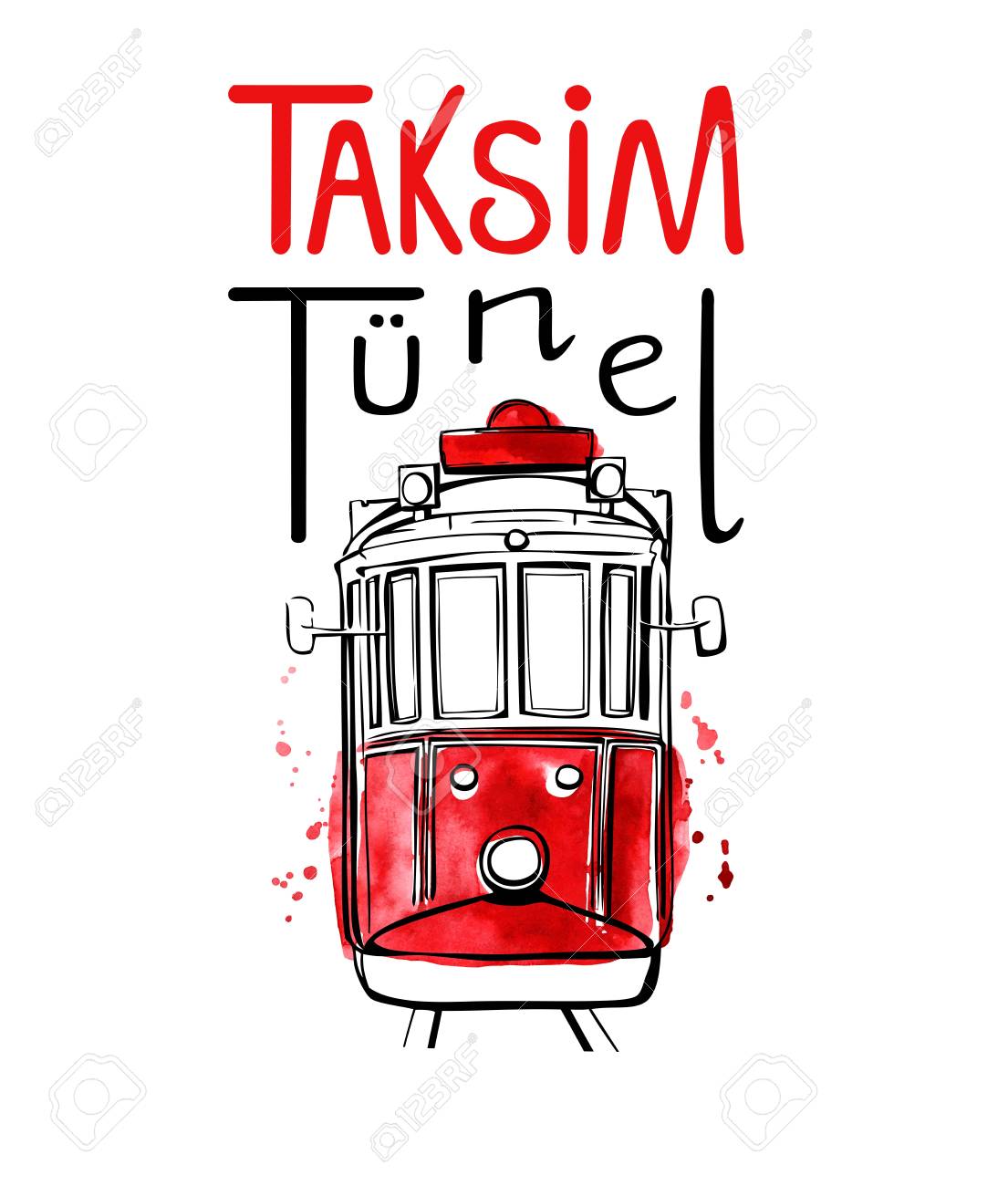 Vector illustration of traditional turkish public transport Taksim Tunel. Hand drawn famous Istanbul tram. Black outline, red watercolor texture and hand lettering. Isolated on white background. - 89487130 Vector illustration of traditional turkish public transport Taksim Tunel. Hand drawn famous Istanbul tram. Black outline, red watercolor texture and hand lettering. Isolated on white background. - 89487130