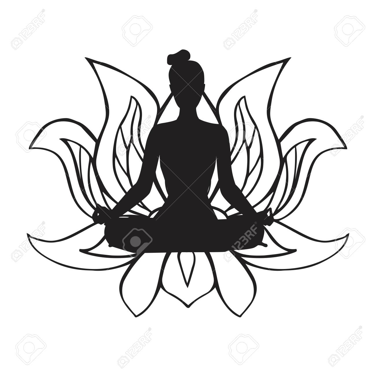 ヨガのポーズと仏教のシンボル蓮の花で黒の女性のシルエットのベクター イラストです スリムなボディの女性瞑想の練習を行います 蓮のポーズ Padmasana のイラスト素材 ベクタ Image