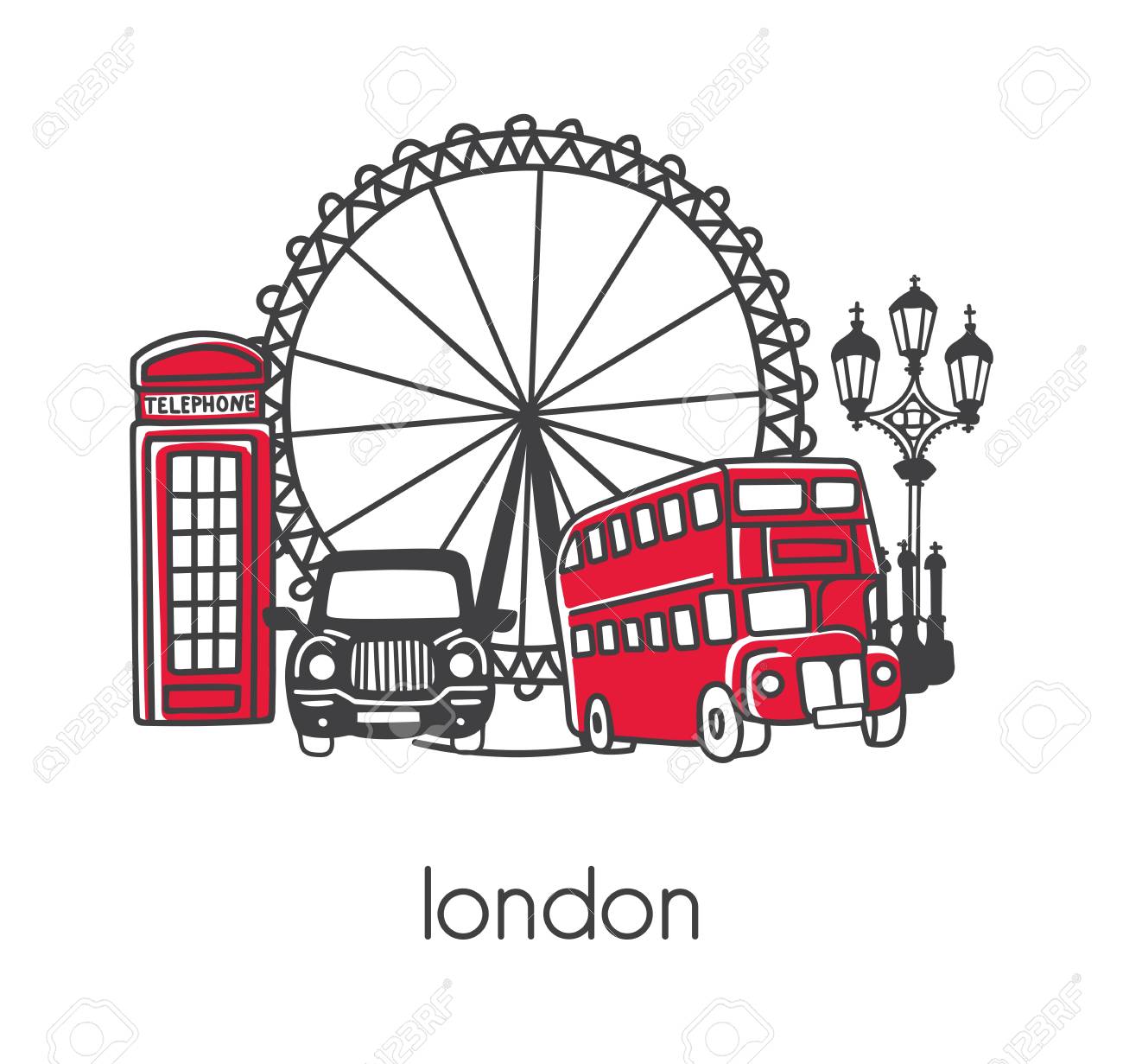 Modern vector illustration London with hand drawn doodle English symbols: double decker bus, telephone box, street lamp, cab, big wheel. Simple design with black outline isolated on white background. - 94991601 Modern vector illustration London with hand drawn doodle English symbols: double decker bus, telephone box, street lamp, cab, big wheel. Simple design with black outline isolated on white background. - 94991601