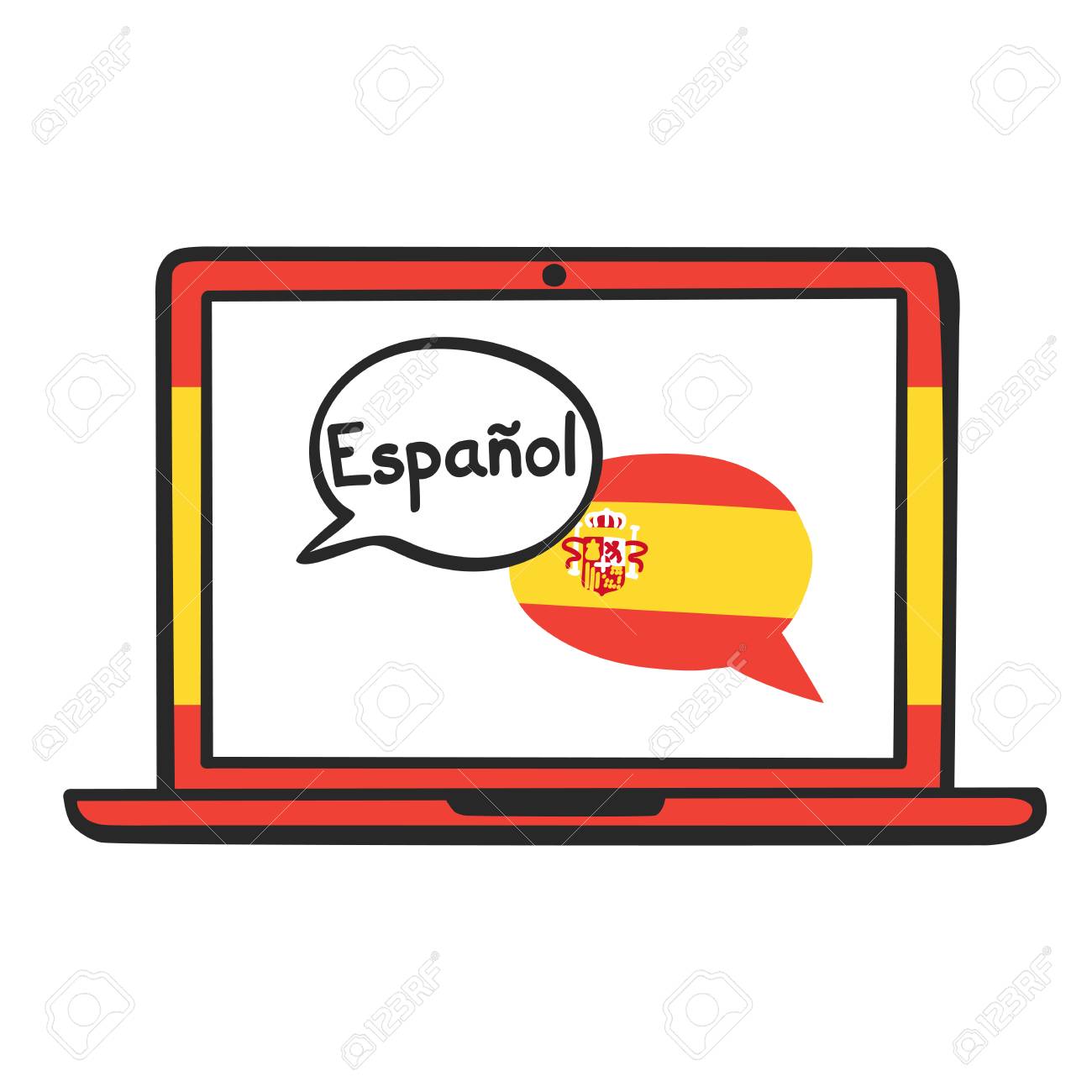 Spanish. Vector Illustration With Speech Bubbles, The National Flag Of  Spain And Hand Written On The Screen Of A Laptop. Online Linguistic School,  Course, Class Logo, Icon Design Клипарты, SVG, векторы, и