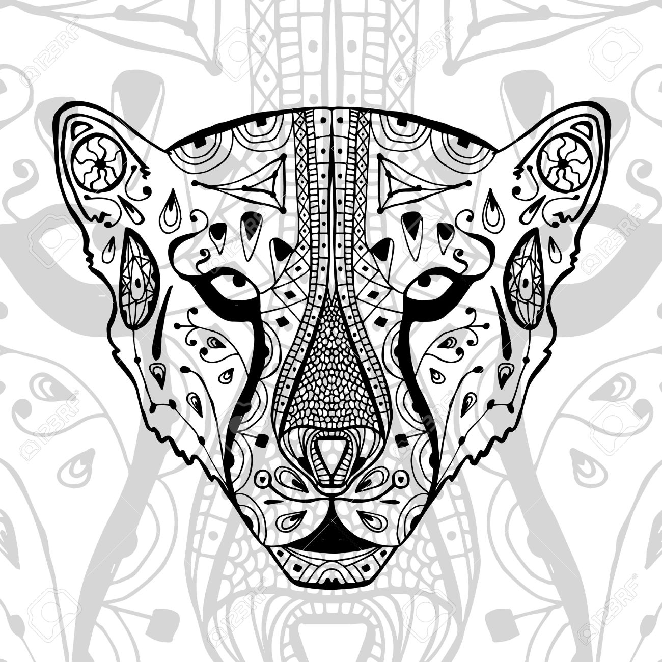 The black and white cheetah print with ethnic patterns Coloring book for adults antistress