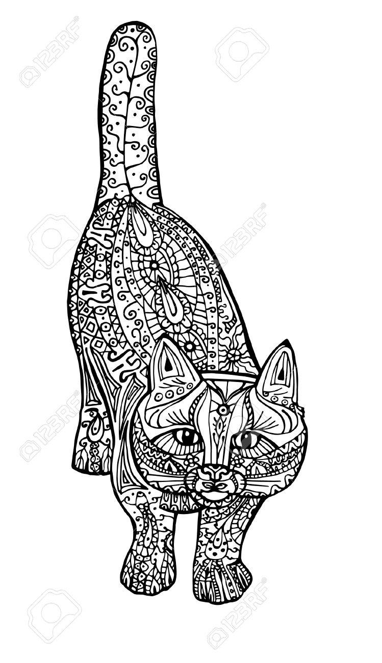 Adulte Antistress Coloration Illustration Peint Limage Chat Noir Et Blanc Tiré Par La Main Doodle Ethnique Vecteur à Motifs Tatouage Affiche
