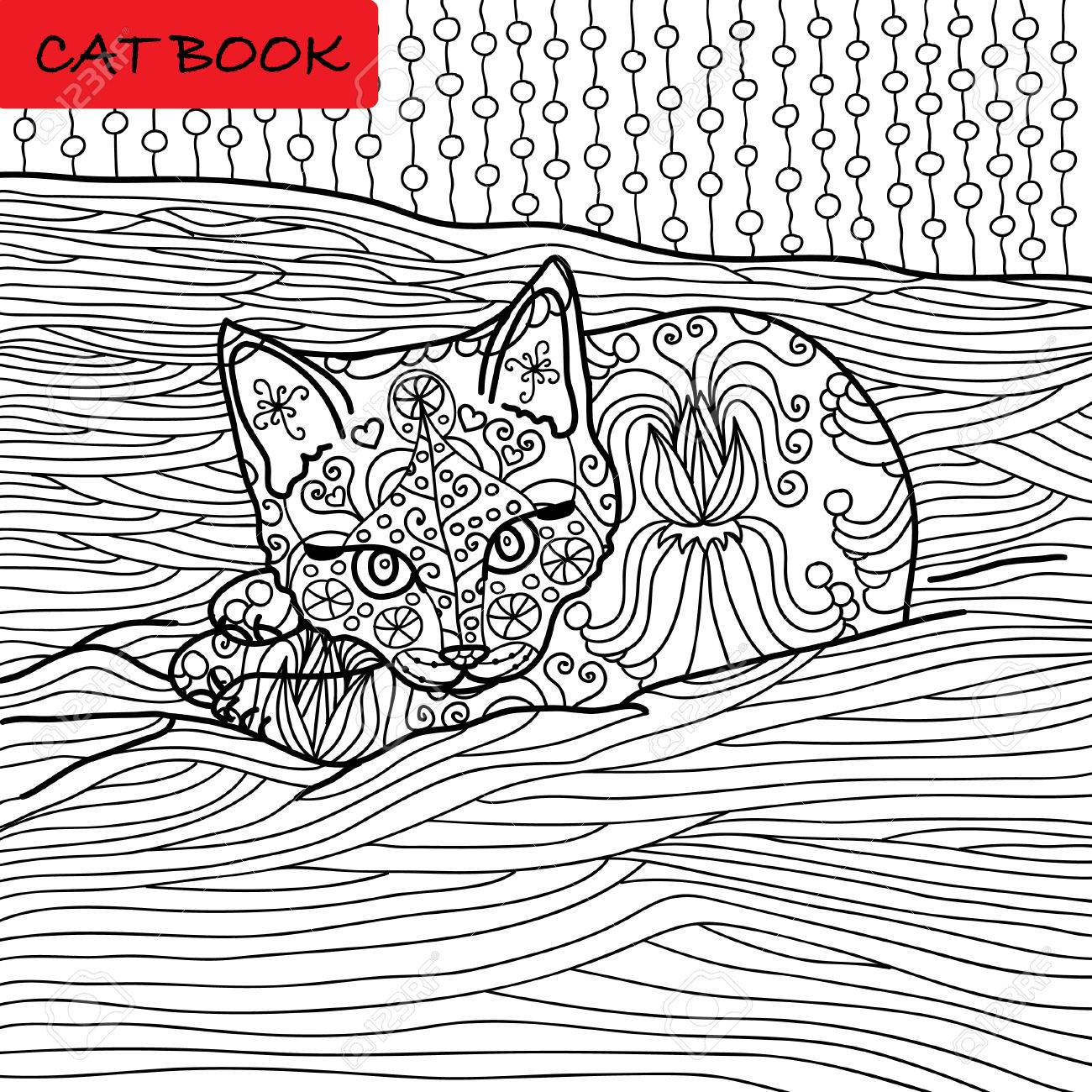 Coloriage De Chat Pour Adultes Bebe Adorable Chaton Couche Sur Le Canape Hand Drawn Illustration Avec Des Motifs Zenart Clip Art Libres De Droits Vecteurs Et Illustration Image