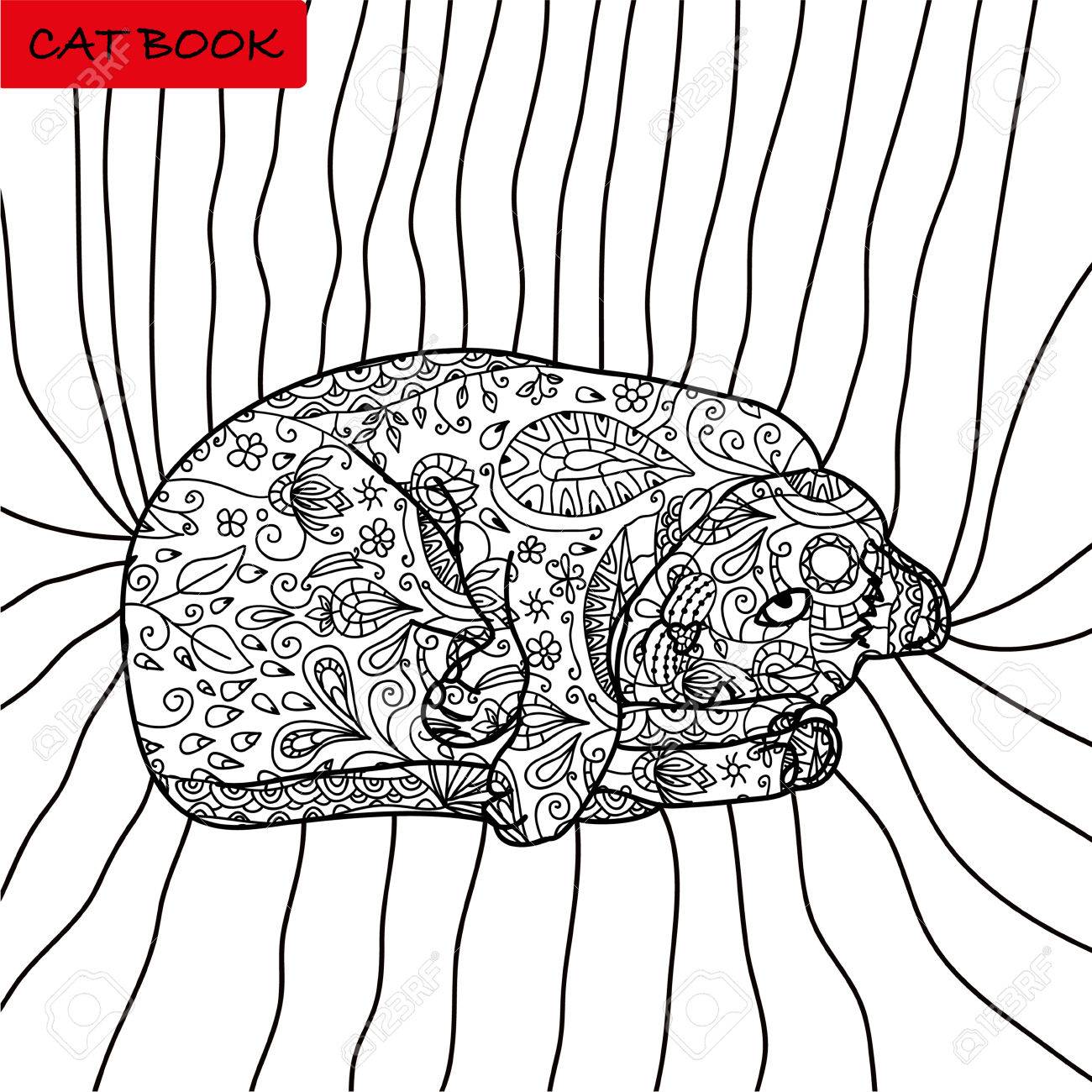 大人と子供のためのぬり絵の本 猫の本 面白い猫ベッドの上 花のパターン ボヘミアン スタイル 大人のページ のイラスト素材 ベクタ Image