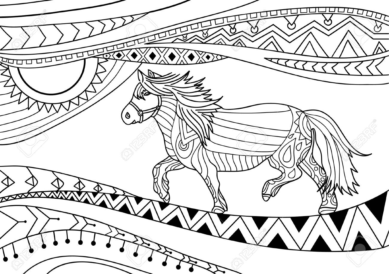 Coloring Book For Adults Line Art Design Running Horse With Tribal Patterns Doodle