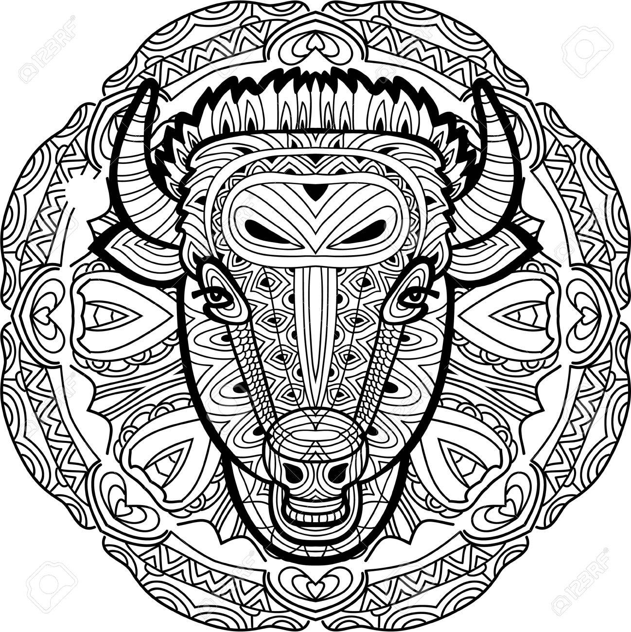 Coloring Page Book For Adults Line Art Design Monochrome Hand Drawn Ink Drawing Painted Bull On A Background Of Circular Tribal Pattern