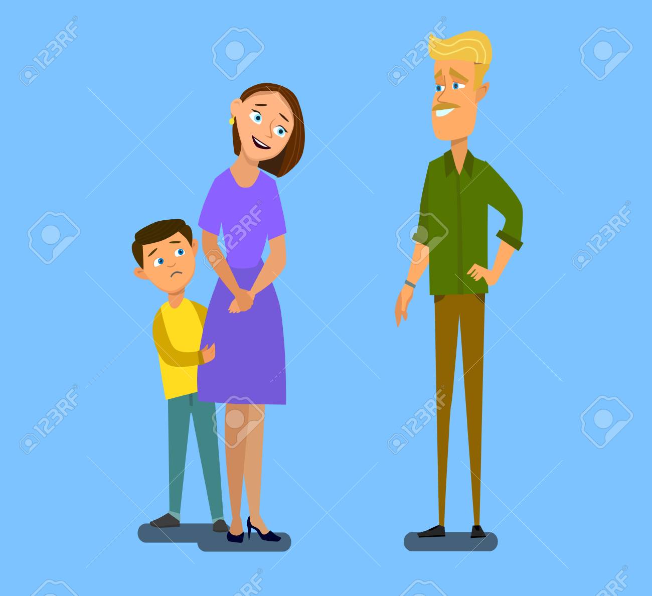 Single Parent Mother With Scared Son Talking To Stranger Vector