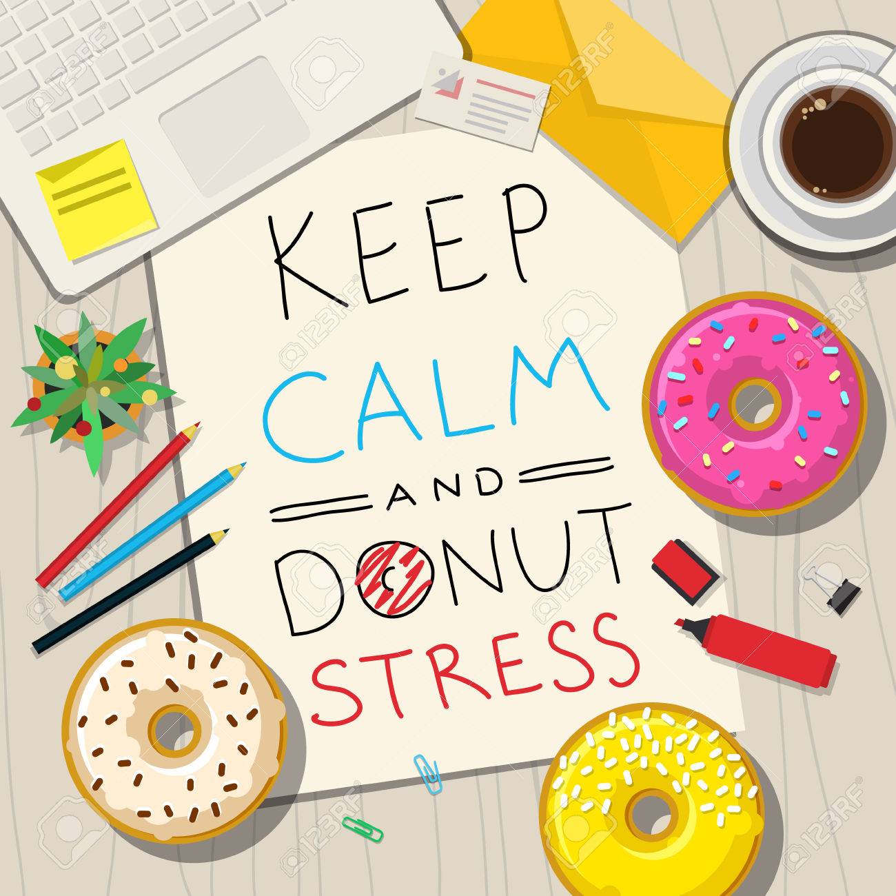 ストレスについての面白いフレーズ 手は ドーナツを持つテーブルでテキストを描画します 穏やかな ドーナツのストレスを維持します フラット デザイン ベクトル イラスト のイラスト素材 ベクタ Image