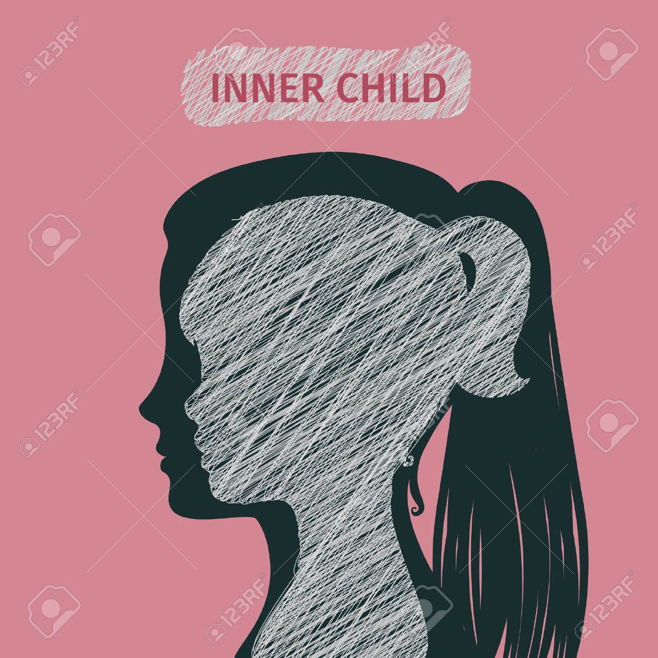 Concept of inner child. Silhouette of a woman showing his inner child living in his mind. Flat design, vector illustration. - 51437618 Concept of inner child. Silhouette of a woman showing his inner child living in his mind. Flat design, vector illustration. - 51437618