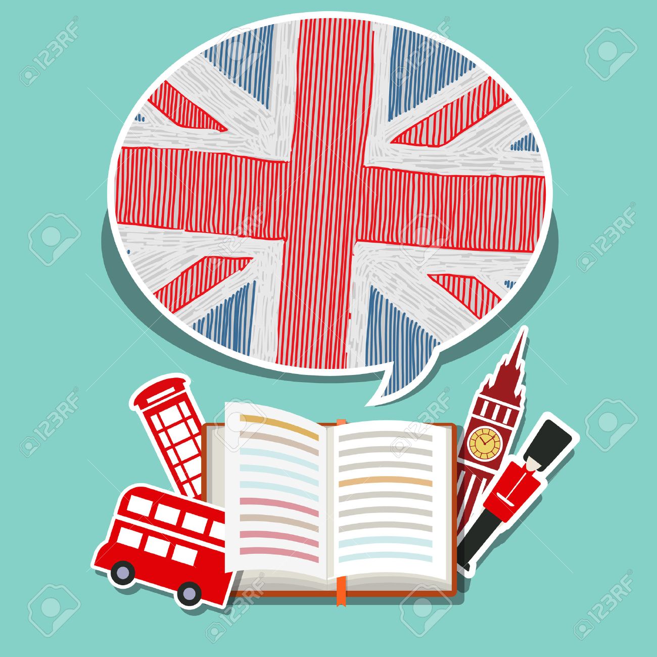 Concept of travel or studying English. Open book with English symbols. Flat design, vector illustration - 51792626 Concept of travel or studying English. Open book with English symbols. Flat design, vector illustration - 51792626