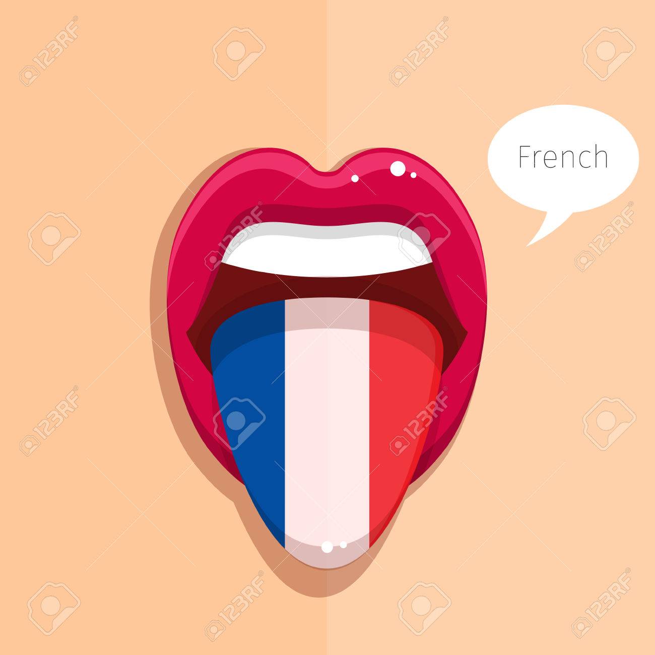 Concepto Del Lenguaje Francés. La Boca Abierta Lengua En Francés Con La Bandera Francesa, Cara De Mujer. Diseño Plano, Ilustración Vectorial. Ilustraciones svg, vectoriales, clip art vectorizado libre de derechos. Image 53968349